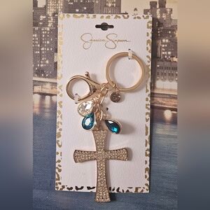 Jessica Simpson Gold Cross Keychain with Teal Accents NIP